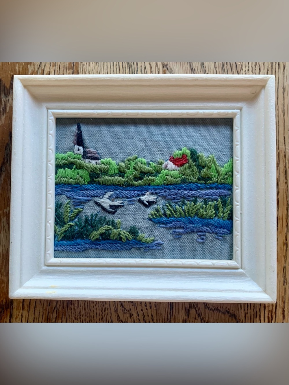 Vintage Crewel Nautical Coastline Scene  Seagulls Church House Mini 6.5”x6”